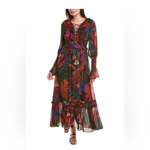 FARM Rio Bird Flowers Front Corset Lace Flowy Maxi Dress